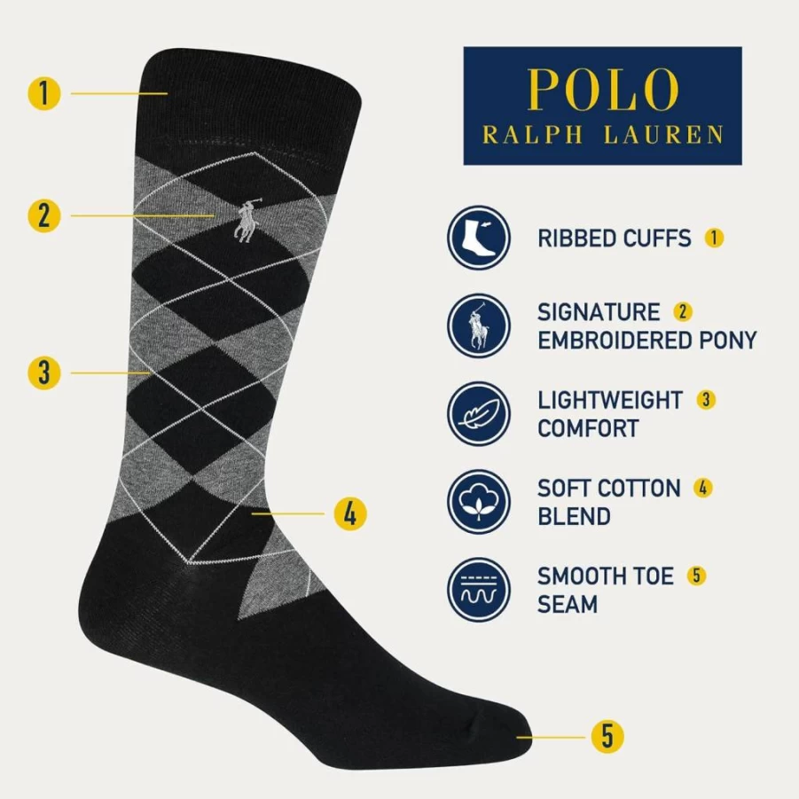 POLO RALPH LAUREN Men's Cotton Crew Socks 4-Pack - Soft, Lightweight Dress Socks with Assorted Patterns