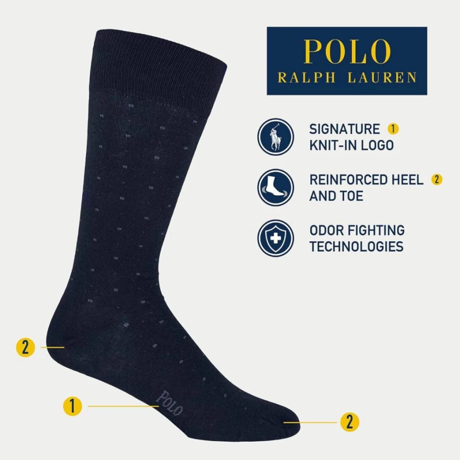 POLO RALPH LAUREN Men's Cotton Crew Dress Socks - 3-Pack Assorted Patterns - Lightweight & Soft Casual Athletic Socks