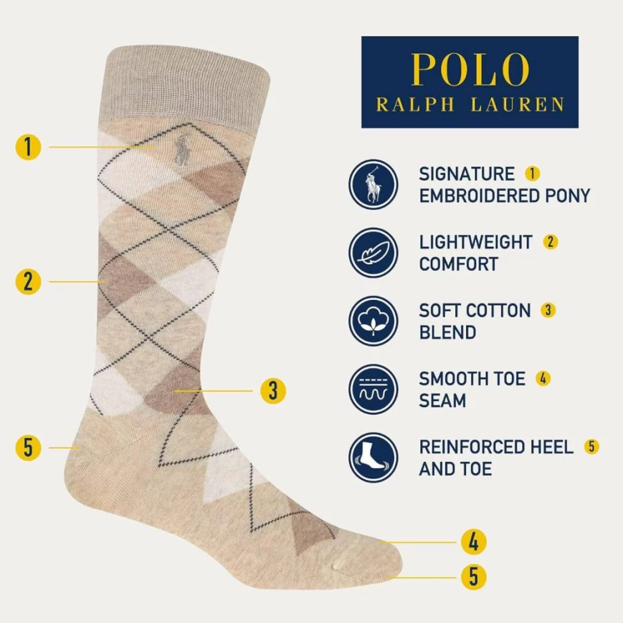 POLO RALPH LAUREN Men's Cotton Argyle Dress Socks 3-Pack - Lightweight Crew Socks for Comfort & Style