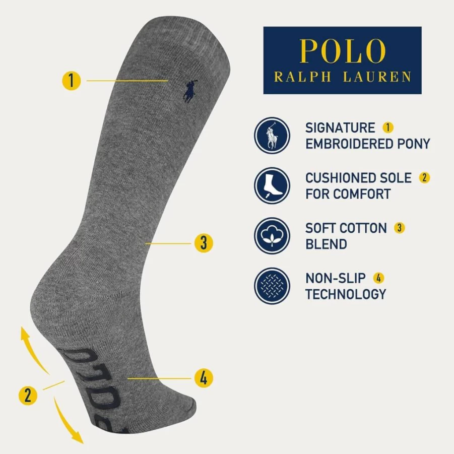 POLO RALPH LAUREN Men's Non-Slip Gripper Lounge Socks with Comfort Cushioning for Casual Wear